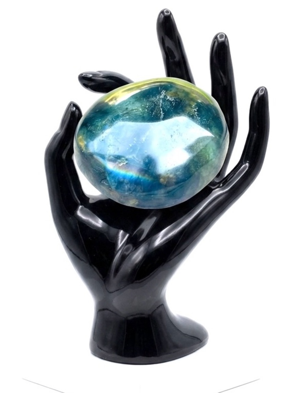 New Handmade Natural Labradorite Blue Green Crystal Oblong Carved Palm Stone